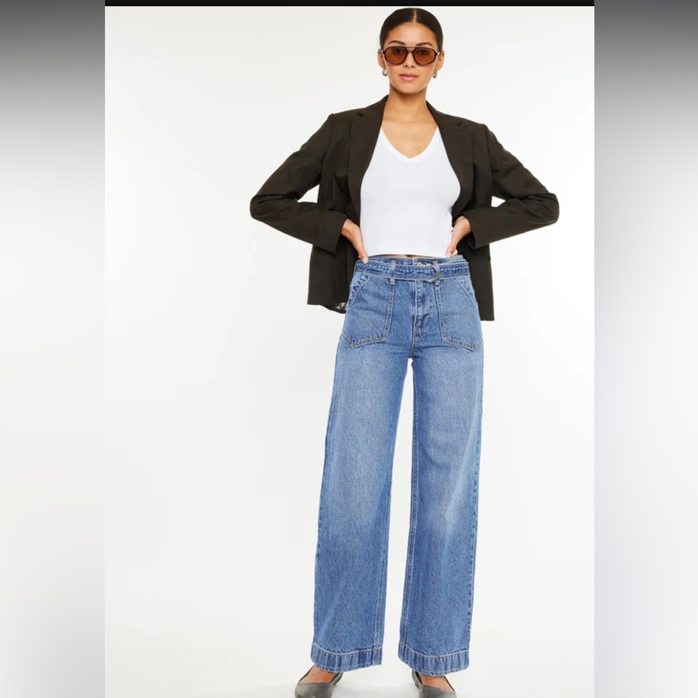 Kancan wide leg denim belted  “trouser” jeans.